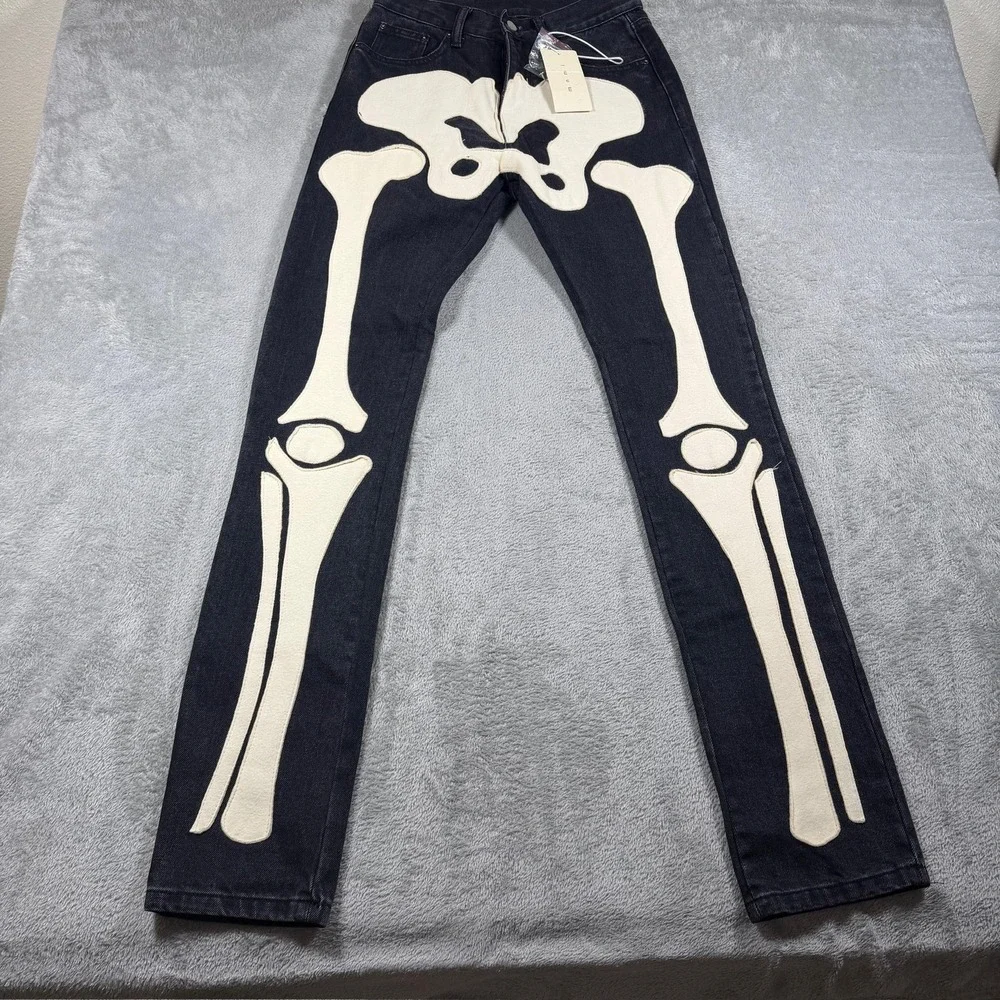 Mnml Jeans Mens 28x32 Black D184 Skeleton Denim Skinny Bones Graphic NWT
